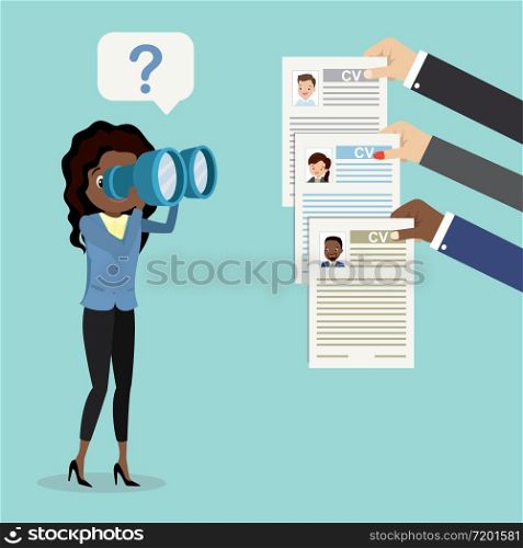African american Businesswoman looking through binoculars on resume page,candidate hand holding cv resume paper,recruitment concept,flat vector illustration
