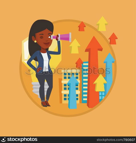 African-american businesswoman looking through spyglass at arrows going up and idea bulb. Business woman looking for creative idea. Vector flat design illustration in the circle isolated on background. Woman looking through spyglass on raising arrows.