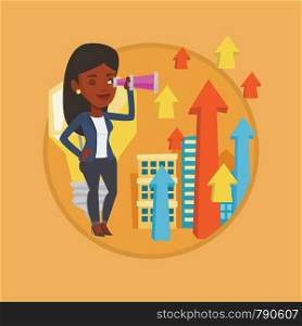 African-american businesswoman looking through spyglass at arrows going up and idea bulb. Business woman looking for creative idea. Vector flat design illustration in the circle isolated on background. Woman looking through spyglass on raising arrows.