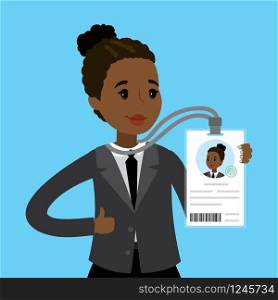 African american businesswoman or office worker holding badge with id,photo and qr code,Flkat Vector illustration