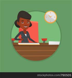African-american businesswoman signing a business contract in office. Confirmation of transaction by signing of business contract. Vector flat design illustration in the circle isolated on background.. Signing of business documents vector illustration.