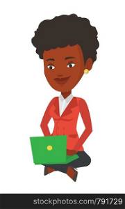 African-american businesswoman sitting with laptop on knees. Young smiling businesswoman working on a laptop. Business technology concept. Vector flat design illustration isolated on white background.. Businesswoman using laptop vector illustration.