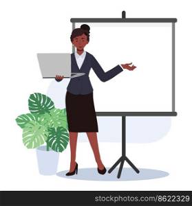 African american Businesswoman standing and holding laptop to present business presentation. Vector illustrations.
