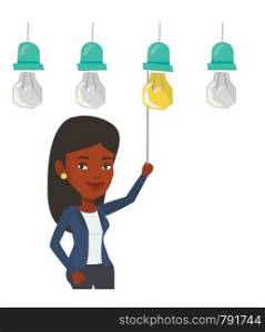 African-american businesswoman switching on hanging idea light bulb. Cheerful businesswoman pulling a light switch. Business idea concept. Vector flat design illustration isolated on white background.. Woman having business idea vector illustration.