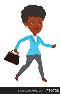 African-american businesswoman with briefcase in hand running. Businesswoman running in a hurry. Cheerful businesswoman running forward. Vector flat design illustration isolated on white background.. Happy businesswoman running vector illustration.