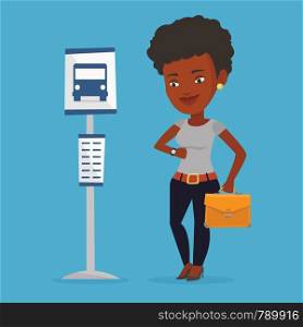 African-american businesswoman with briefcase waiting at the bus stop. Young woman standing at the bus stop. Woman looking at her watch at the bus stop. Vector flat design illustration. Square layout.. Woman waiting at the bus stop vector illustration.