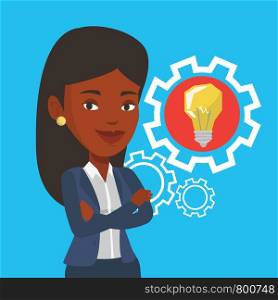 African-american businesswoman with business idea bulb in a cogwheel. Young businesswoman having a business idea. Concept of successful business idea. Vector flat design illustration. Square layout.. Woman with business idea bulb in gear.