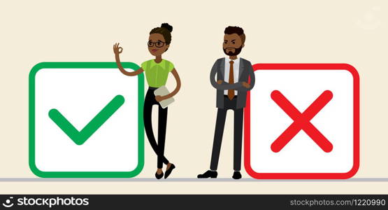 African american businesswoman with chooses green yes,african businessman with red no checkbox,color checkboxes selection,concept of right choice,flat vector illustration