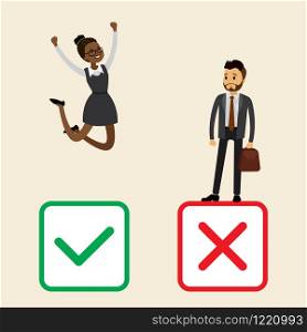 African american businesswoman with chooses green yes and jump,sad caucasian with red no checkbox,color checkboxes selection,concept of right choice,flat vector illustration