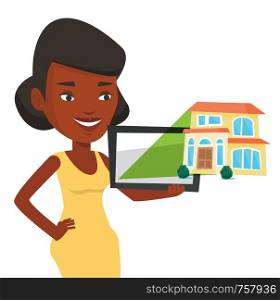 African-american businesswoman with digital tablet showing the photo of the house. Business woman looking at house photo on digital tablet. Vector flat design illustration isolated on white background. Businesswoman presenting report on tablet computer
