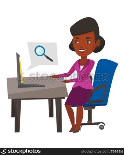 African-american businesswoman working on a laptop in office and searching information on internet. Internet search and job search concept. Vector flat design illustration isolated on white background. Happy businesswoman running vector illustration.