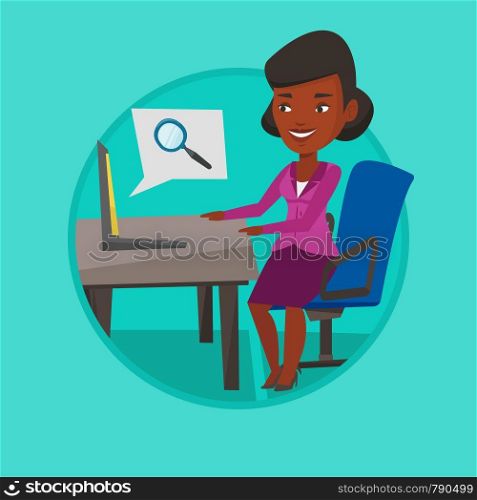 African-american businesswoman working on laptop in office and searching information on internet. Internet and job search concept. Vector flat design illustration in the circle isolated on background.. Business woman working on her laptop.