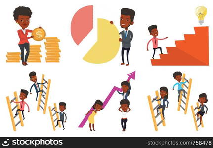 African-american businesswomen holding growth graph. Business team with growth graph. Concept of business growth and teamwork. Set of vector flat design illustrations isolated on white background.. Vector set of business characters.