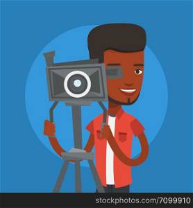 African-american cameraman looking through movie camera on a tripod. Young cameraman with professional video camera. Smiling cameraman taking a video. Vector flat design illustration. Square layout.. Cameraman with movie camera on tripod.