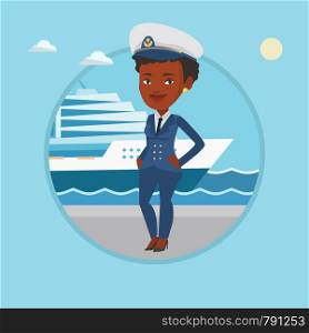 African-american captain standing on the background of cruise ship. Young ship captain in uniform standing on seacoast background. Vector flat design illustration in the circle isolated on background.. Smiling ship captain in uniform at the port.