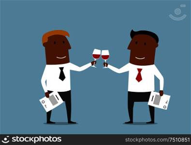 African american cartoon business partners toasting with red wine to celebrate a successful contract signing or partnership agreement. Business cooperation and success theme design. Businessmen celebrating a signing of contract