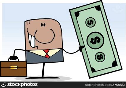 African American Cartoon Doodle Businessman Holding Dollar