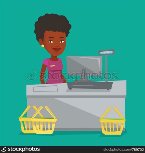 African-american cashier standing at the checkout in supermarket. Cashier working at checkout in a supermarket. Cashier standing near the cash register. Vector flat design illustration. Square layout.. Cashier standing at the checkout in supermarket.