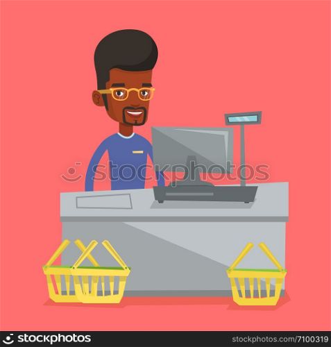 African-american cashier working at checkout in a supermarket. Cashier standing at the checkout in supermarket. Cashier standing near the cash register. Vector flat design illustration. Square layout.. Cashier standing at the checkout in supermarket.
