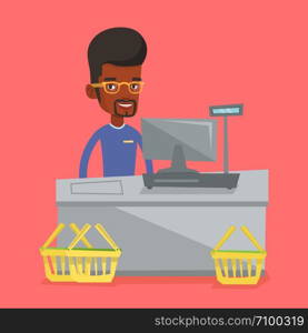 African-american cashier working at checkout in a supermarket. Cashier standing at the checkout in supermarket. Cashier standing near the cash register. Vector flat design illustration. Square layout.. Cashier standing at the checkout in supermarket.