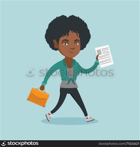 African-american cheerful business woman running with a briefcase and a document. Young happy smiling business woman running in a hurry. Vector cartoon illustration. Square layout.. Business woman running with briefcase and document