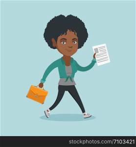 African-american cheerful business woman running with a briefcase and a document. Young happy smiling business woman running in a hurry. Vector cartoon illustration. Square layout.. Business woman running with briefcase and document
