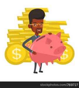 African-american cheerful businessman with a piggy bank. Businessman holding a big piggy bank. Businessman saving money in a piggy bank. Vector flat design illustration isolated on white background.. Businessman holding a big piggy bank.