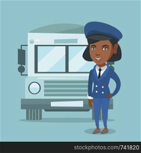 African-american cheerful female school bus driver standing on the background of bus. Full length of happy smiling school bus driver in uniform. Vector cartoon illustration. Square layout.. Young african-american female school bus driver.