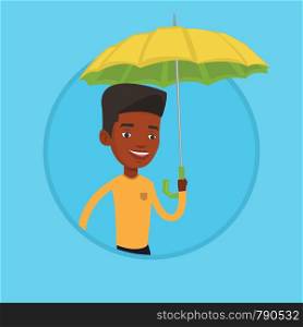 African-american cheerful insurance agent. Insurance agent standing under umbrella. Business insurance and protection concept. Vector flat design illustration in the circle isolated on background.. Insurance agent with umbrella vector illustration.