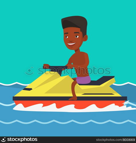 African-american cheerful man on jet ski in the sea at summer sunny day. Young smiling man riding on a jet ski. Happy man training on a jet ski. Vector flat design illustration. Square layout.. African man training on jet ski in the sea.