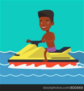 African-american cheerful man on jet ski in the sea at summer sunny day. Young smiling man riding on a jet ski. Happy man training on a jet ski. Vector flat design illustration. Square layout.. African man training on jet ski in the sea.