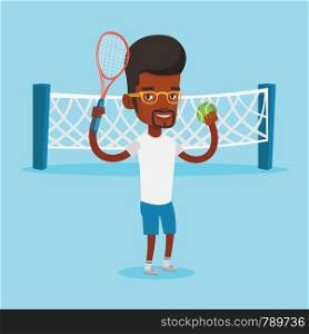 African-american cheerful sportsman playing tennis. Smiling tennis player standing on the court. Happy male tennis player holding a racket and a ball. Vector flat design illustration. Square layout.. Male tennis player vector illustration.