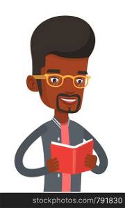 African-american cheerful student reading a book and preparing for exam. Smiling student reading a book. Student holding a book in hands. Vector flat design illustration isolated on white background.. Student reading book vector illustration.