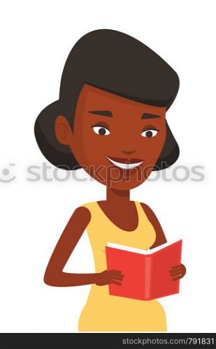African-american cheerful student reading a book and preparing for exam. Smiling student reading a book. Student holding a book in hands. Vector flat design illustration isolated on white background.. Student reading book vector illustration.
