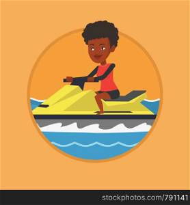 African-american cheerful woman on jet ski in the sea. Young woman riding on a water scooter. Happy woman training on a jet ski. Vector flat design illustration in the circle isolated on background.. African woman training on jet ski in the sea.