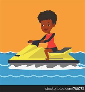 African-american cheerful woman on jet ski in the sea at summer sunny day. Young smiling woman riding on a jet ski. Happy woman training on a jet ski. Vector flat design illustration. Square layout.. African woman training on jet ski in the sea.