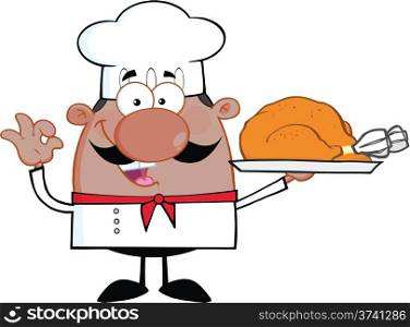 African American Chef Cartoon Character Holding Whole Roast Turkey