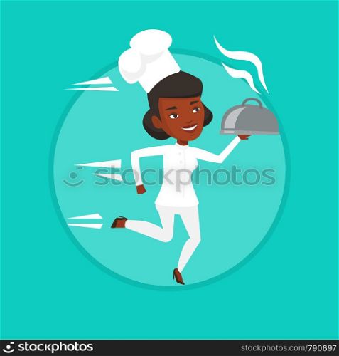 African-american chef cook in a cap and white uniform running. Chef cook holding a cloche. Chef cook fast running with a cloche. Vector flat design illustration in the circle isolated on background.. Running chef cook vector illustration.