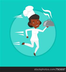African-american chef cook in a cap and white uniform running. Chef cook holding a cloche. Chef cook fast running with a cloche. Vector flat design illustration in the circle isolated on background.. Running chef cook vector illustration.