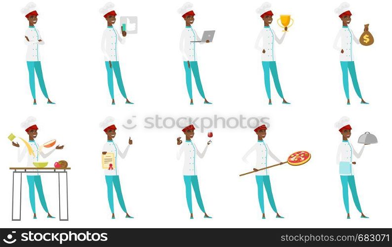 African-american chef cook preparing food. Chef cook preparing meal in the kitchen. Chef cook in uniform preparing food for dinner. Set of vector flat design illustrations isolated on white background. Vector set of chef-cooker characters.