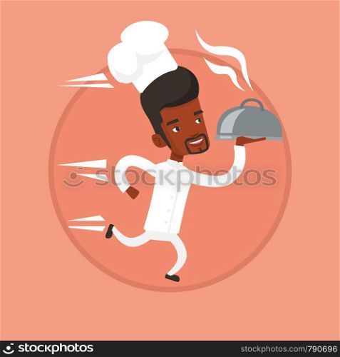 African-american chef in a cap and white uniform running. Young chef holding a cloche. Smiling chef fast running with a cloche. Vector flat design illustration in the circle isolated on background.. Chef running with cloche vector illustration.