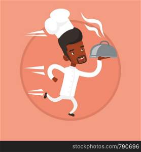 African-american chef in a cap and white uniform running. Young chef holding a cloche. Smiling chef fast running with a cloche. Vector flat design illustration in the circle isolated on background.. Chef running with cloche vector illustration.
