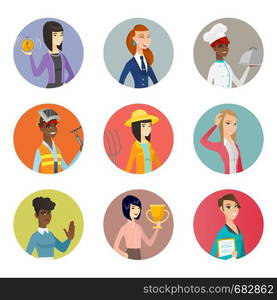 African-american chief-cooker holding restaurant cloche. Chief-cooker with cloche. Set of different professions. Set of vector flat design illustrations in the circle isolated on white background.. Vector set of characters of different professions.