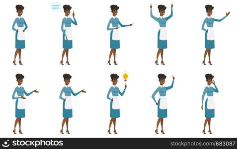 African-american cleaner with arm out in welcoming gesture. Full length of welcoming young cleaner. Cleaner doing welcome gesture. Set of vector flat design illustrations isolated on white background.. Vector set of illustrations with cleaner character