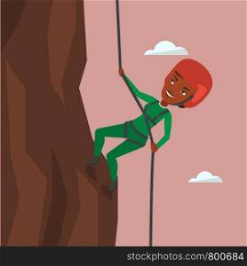 African-american climber in action. Climber in protective helmet climbing on a rock. Smiling woman climbing in mountains with rope. Girl climbing a rock. Vector flat design illustration. Square layout. Woman climbing in mountains with rope.