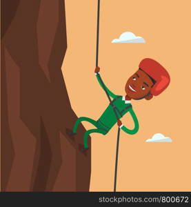 African-american climber in action. Rock climber in protective helmet climbing on rock. Smiling man climbing in mountains with rope. Man climbing a rock. Vector flat design illustration. Square layout. Man climbing in mountains with rope.