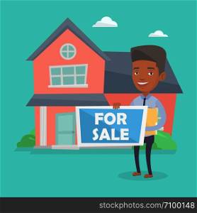 African-american confident broker offering the house. Young smiling broker holding placard for sale and documents in hands on the background of house. Vector flat design illustration. Square layout.. Real estate agent offering house.