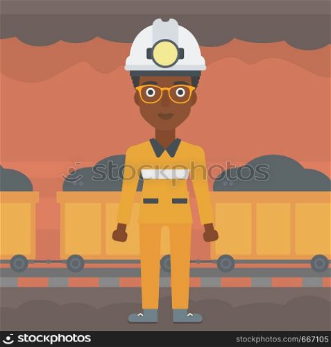 African-american confident coal miner. A female miner in hardhat with torch. Miner standing on the background of mining tunnel with cart full of coal. Vector flat design illustration. Square layout.. Confident miner in hardhat vector illustration.