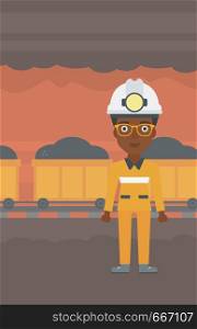 African-american confident coal miner. A female miner in hardhat with torch. Miner standing on the background of mining tunnel with cart full of coal. Vector flat design illustration. Vertical layout.. Confident miner in hardhat vector illustration.