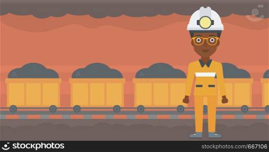 African-american confident coal miner. Female miner in hardhat with torch. Miner standing on the background of mining tunnel with cart full of coal. Vector flat design illustration. Horizontal layout.. Confident miner in hardhat vector illustration.